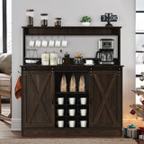 Farmhouse Coffee Bar Cabinet with 6 Hooks, 47 Inch Coffee Bar Hutch with 9 Wine Racks, Coffee Bar Table with Sliding Barn Door, Wine Bar with Adjustable Shelves for Dining Living Room, Dark Oak 4ever2buy