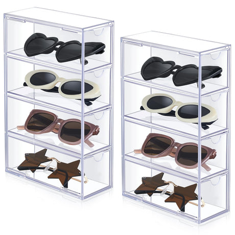 Sintuff 2 Pieces Acrylic Sunglass Organizer Clear Sunglass Holder with 4 Drawers Glasses Organizer for Women Clear Eyeglass Holder Eyewear Display Case Multiple Pair for Glasses Jewelry Watch Storage Sintuff