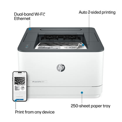 HP LaserJet Pro 3001dw Wireless Black & White Printer, Best-for-Office (3G65OF)