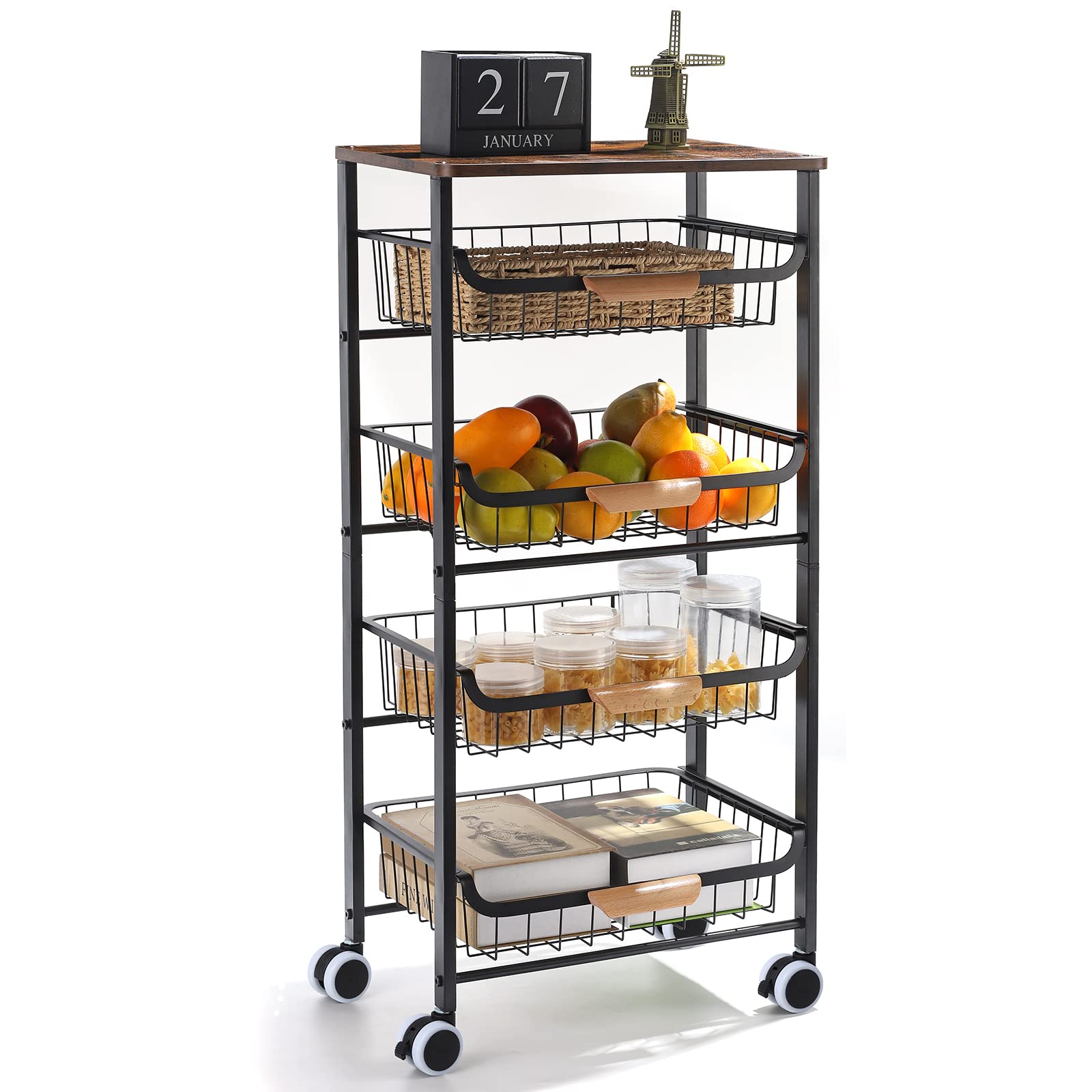 Kitchen Storage Rolling Cart, Kitchen Cart with Lockable Wheels, 5 Tier Metal Wire Basket Shelf Rolling Storage Cart with Wooden Handle, Wood Cover Top Kitchen Island Cart for Home, Office - WoodArtSupply