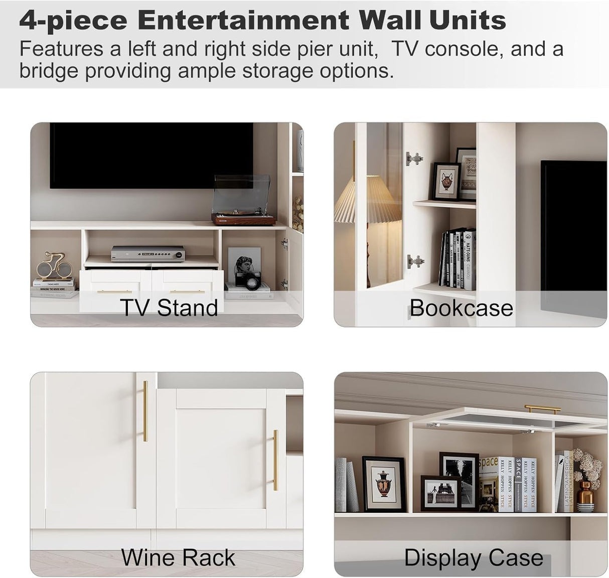 Entertainment Wall Unit: 4-Piece TV Stand with Bookshelves & Storage, Media Center for Living Room, Up to 70" TVs, White Bobve