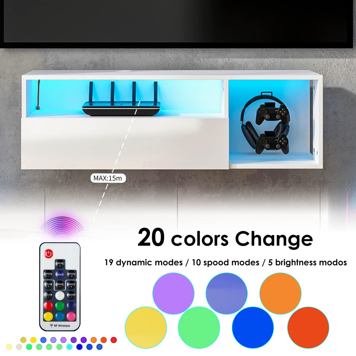 sogesfurniture 39.3'' Floating Wall TV Cabinet Stand with LED Lights, Wall Mounted Entertainment Center with Storage Shelves, Modern High Gloss Media Console for Living Room, Bedroom sogesfurniture