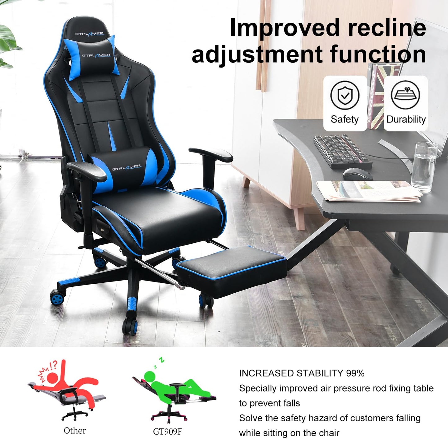 GTPLAYER Gaming Chair with Speakers Bluetooth, Ergonomic Office Desk Chair with Footrest & Lumbar Support, Height Adjustable Swivel Video Game Chair for Adults, 300lb Max (Blue)