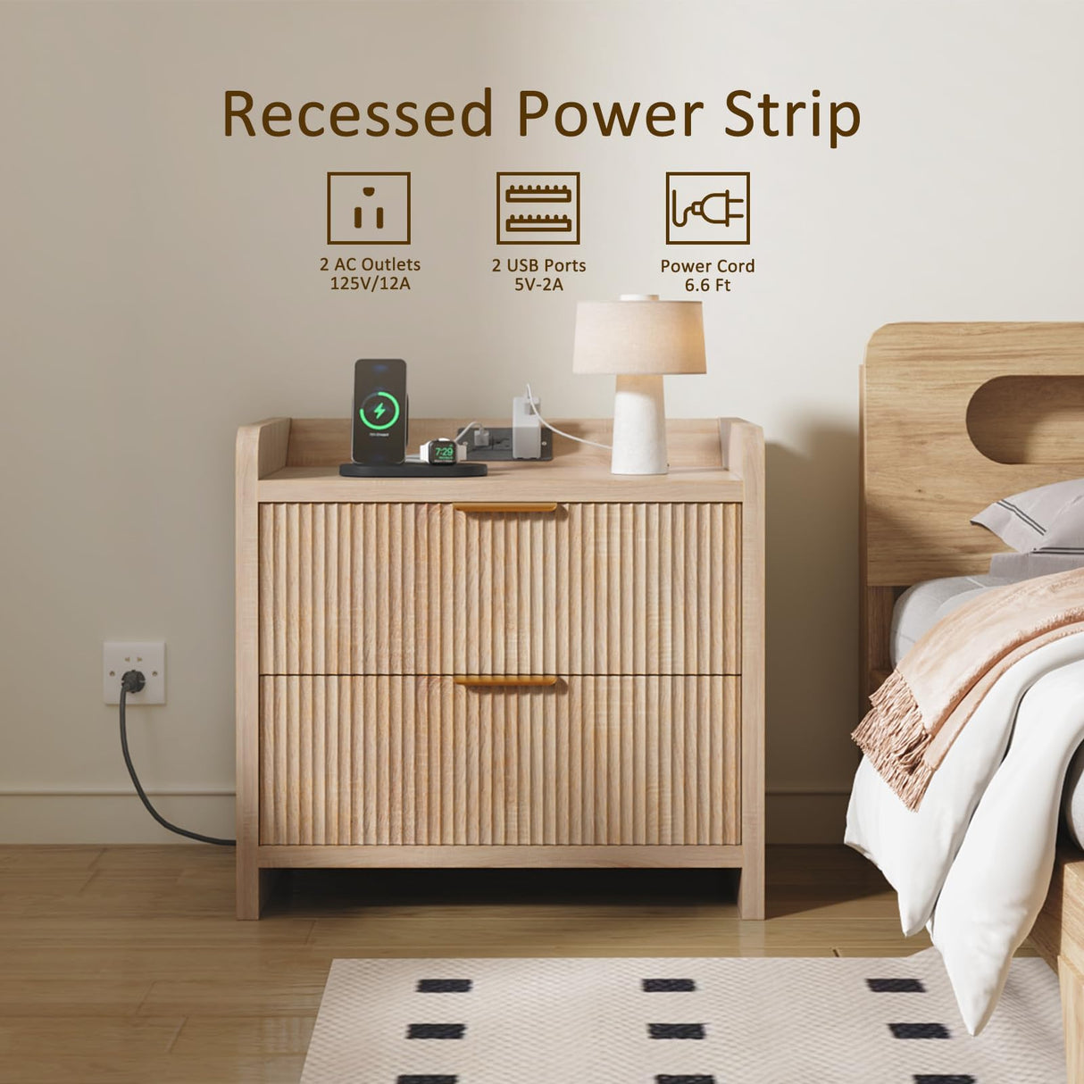 SEPTBOT Fluted Nightstand Set of 2, 23.6" Night Stand with Charging Station,Modern Side Table with 2 Drawers,Bedside Table for Bedroom,Living Room,Natural Oak SEPTBOT