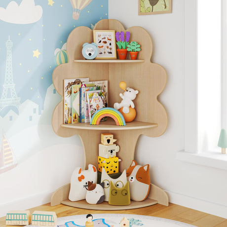 Curipeer Tree Kids Bookshelf, Corner Bookshelf Kids, Bookshelf for Kids, Baby Bookshelf and Toy Storage, Wooden Kids Bookcase, Toddler Book Shelf Organizer for Kids Rooms, Nursery, Natural Wood Curipeer