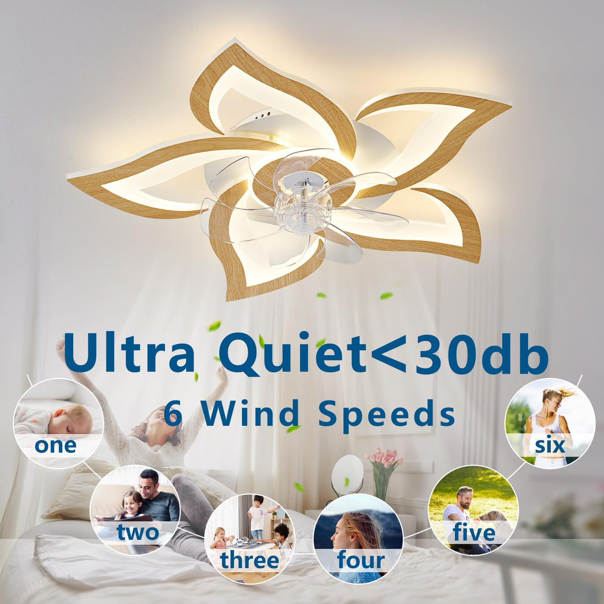 Dalouguan Geometric Ceiling Fan with Lights Remote Control, Wooden Ceiling Fan with Light, 3 Light Color 6 Speeds Low Profile Flush Mount Ceiling Fan for Kitchen Bedroom Living Room Dalouguan