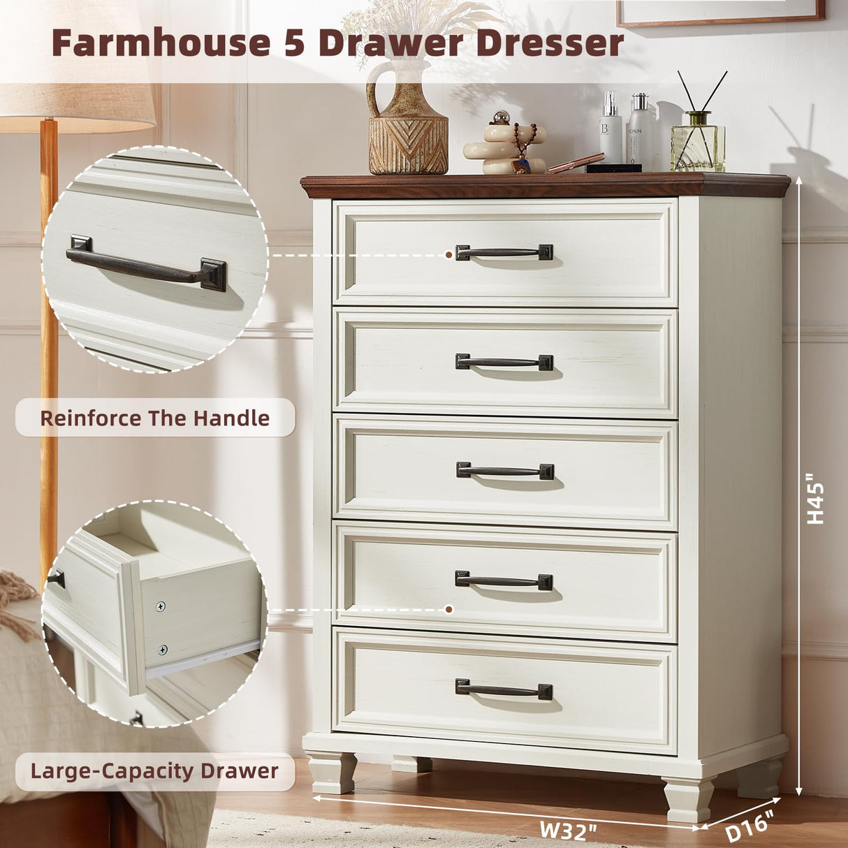 SAVOR LIFE Farmhouse 5 Drawer Dresser for Bedroom, 45” Tall Dresser for Closet, Rustic Wooden Chests of Drawer for Bedroom, Hallway, Entryway, White SAVOR LIFE