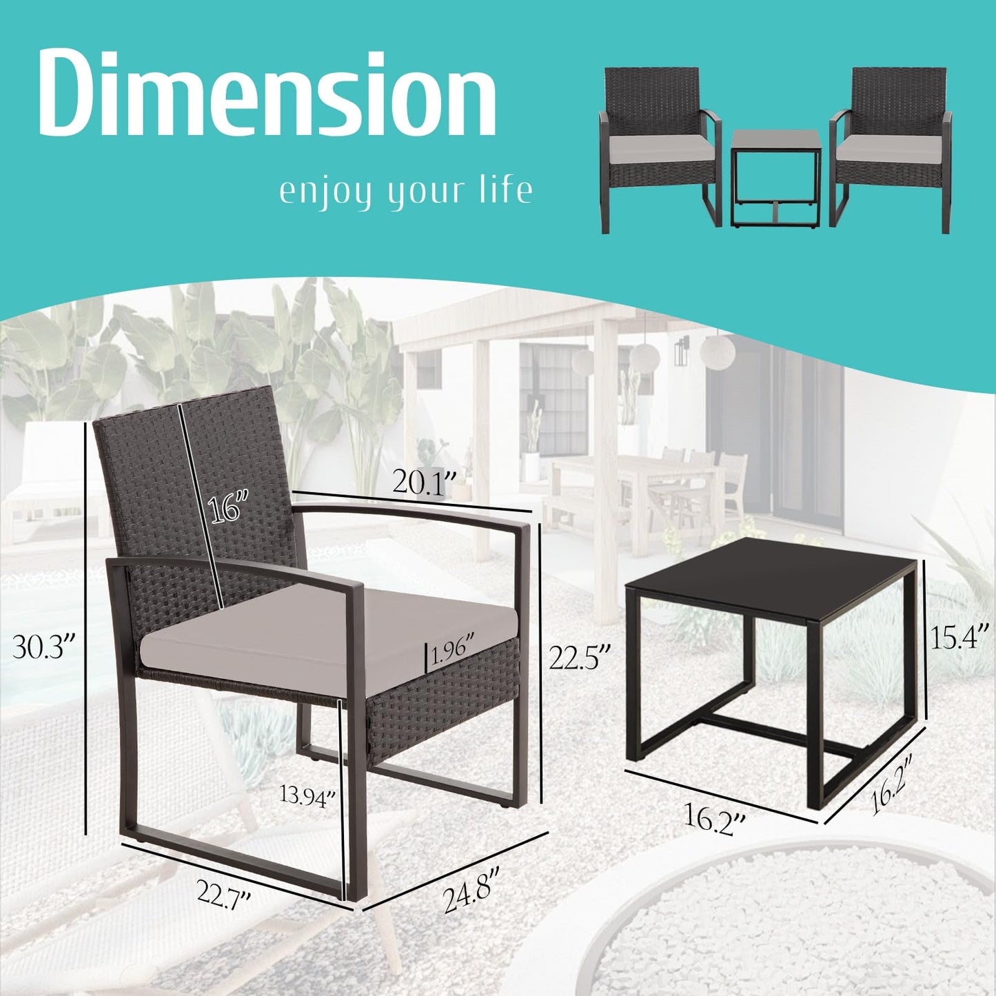 3 Piece Outdoor Patio Bistro Set, Wicker Table and Chairs Set of 2, All-Weather Rattan Balcony Furniture Set for Front Porch Apartment, Black/Grey