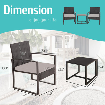 3 Piece Outdoor Patio Bistro Set, Wicker Table and Chairs Set of 2, All-Weather Rattan Balcony Furniture Set for Front Porch Apartment, Black/Grey