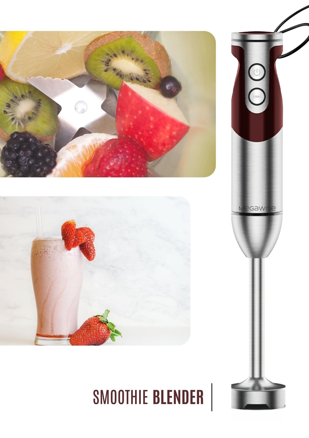 3- in-1 Immersion Hand blender, Powerful MOTOR & Stainless Steel Stick Blender, 4 Sharpe Blades with Whisk, Milk Frother Attachments MEGAWISE