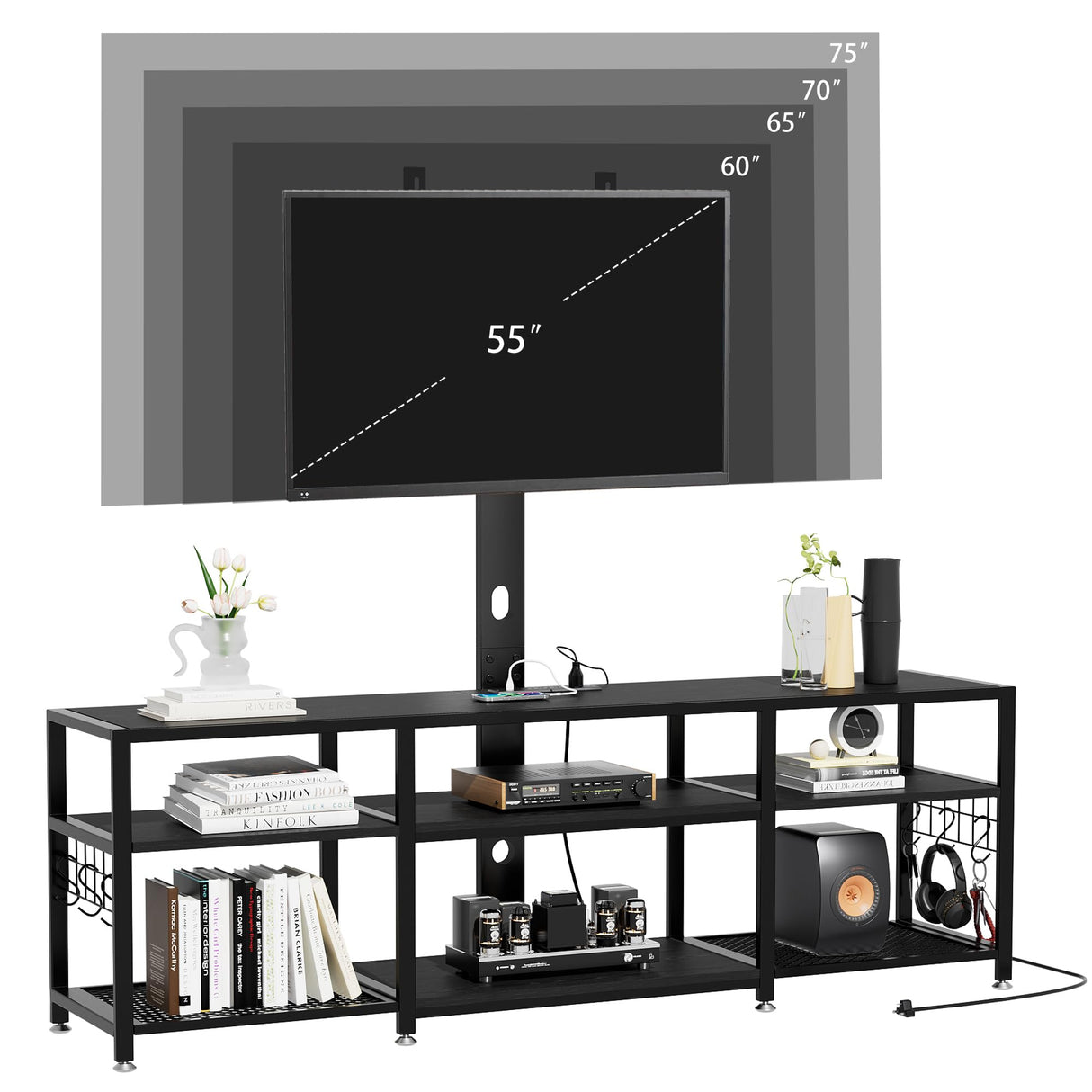VECELO TV Stand with Mount and Power Outlet, Height Adjustable Entertainment Center with Storage Shelves for 32/55/65/70/75 inches Televisions, Console Table for Living Room, Bedroom, Matte Black VECELO