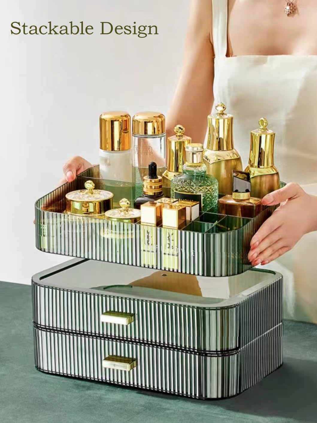 MIUOPUR Makeup Organizer with Stackable Drawers, Bathroom Vanity Organizers and Storage, Ideal for Desk and Dresser Countertops, Great for Cosmetics, skincare, Lipsticks, Nail Care -Green MIUOPUR