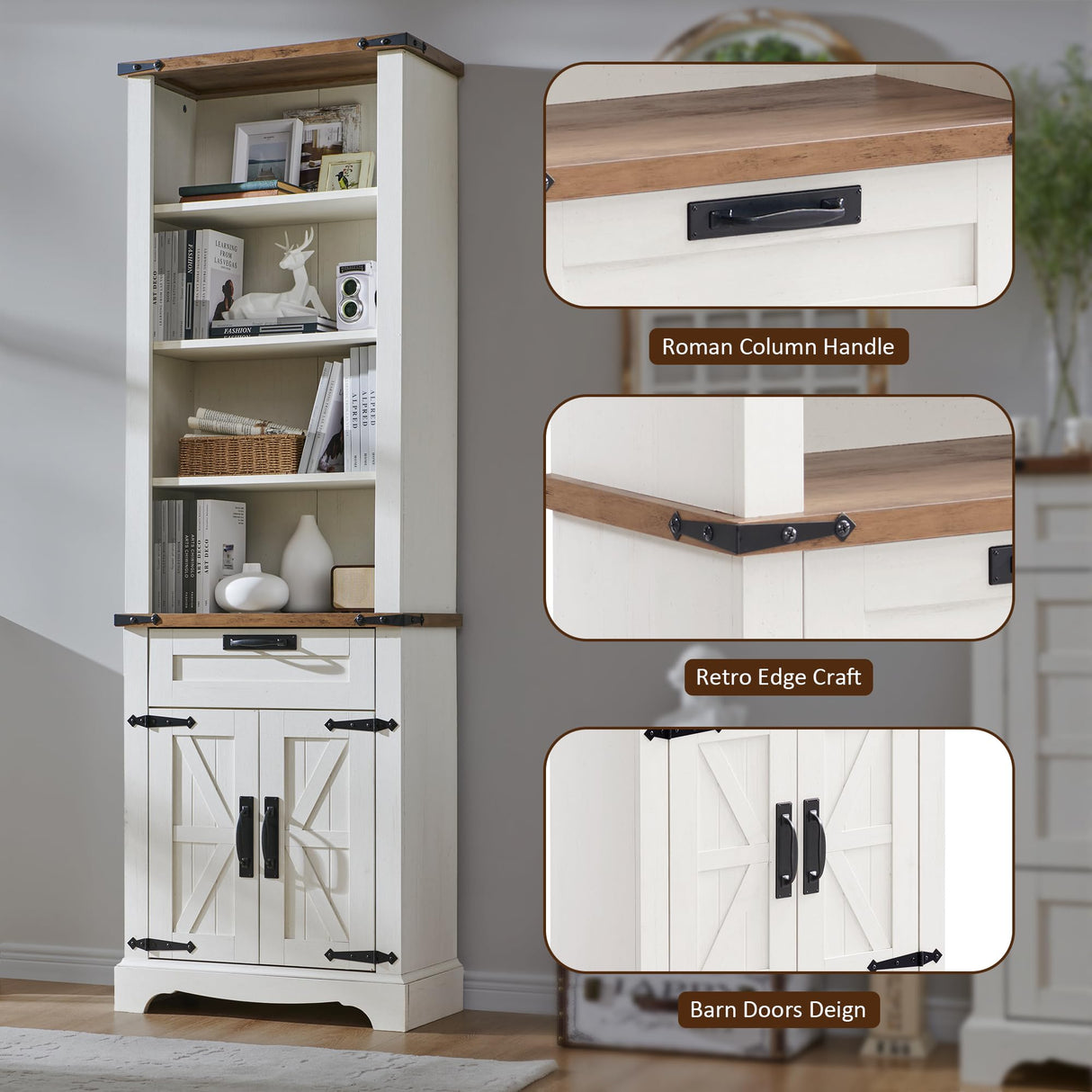 OKD 72'' Tall Bookshelf with Storage, Farmhouse 4 Tier Bookcase with Barn Door, Adjustable Shelves and Drawers, Rustic Wooden Office Bookshelves for Home Bedroom, Living Room, Library Antuique White OKD