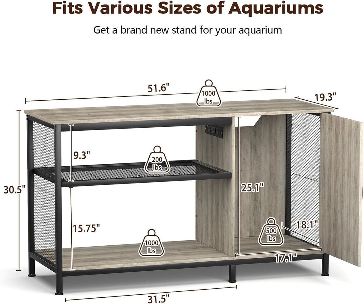 Tatub 55-90 Gallon Aquarium Stand with Power Outlets, Large Fish Tank Stand with Cabinet for Accessories Storage, Heavy Duty Metal Fish Tank Table Suitable for Turtle, Reptile, 1000LBS Capacity Tatub