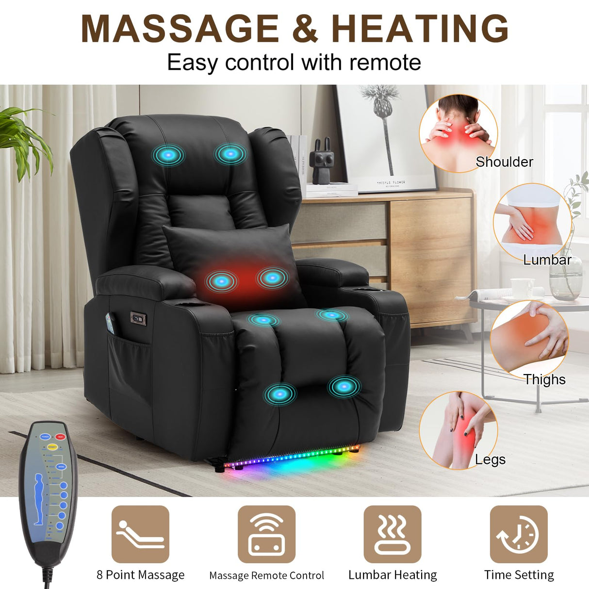 DRMBOOK Power Recliner Chair Set of 2, Faux Leather Wall Hugger Reclining Sofa, Double Electric Home Movie Sofa with Massage & Heat, 2 Person Recliner Set with LED Light for Living Room RV, Black DRMBOOK