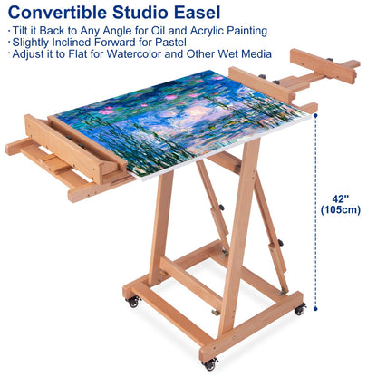 MERRIY Artist Extra- Large Multi-Function Studio Easel, H-Frame Art Easel, Tilts Flat, Solid Beech Wood Painting Easel Stand, Movable Floor Easel with Drawer & Silent Wheels, Holds 2 Canvas U - WoodArtSupply