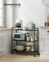 SONGMICS 3-Tier Metal Storage Rack with Wheels, Mesh Shelving Unit with X Side Frames, 31.5-Inch Width, for Entryway, Kitchen, Living Room, Bathroom, Industrial Style, Black UBSC183B01 SONGMICS