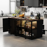TAMUNE 77” Kitchen Island with Glass Doors and Light, Large Kitchen Storage Island with Drawers and Shelves, for Home Bar Black and Brown 30.3”D x 77.6”W x 36.6”H TAMUNE