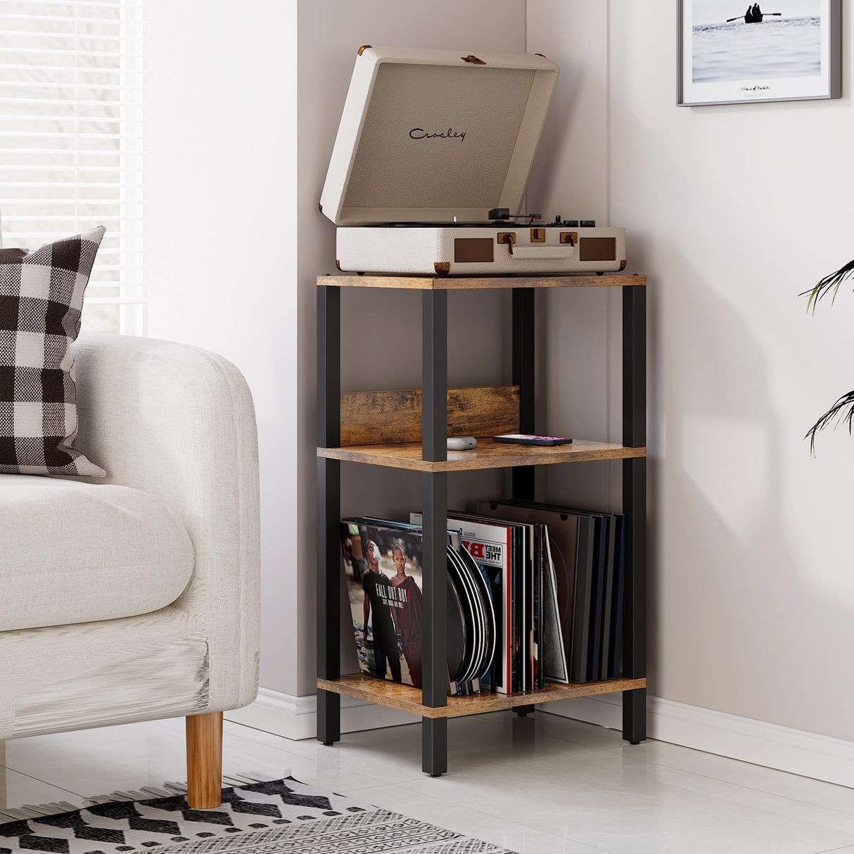 TUTOTAK Record Player Stand with Storage Up to 100 Albums,Record Storage Table,3 Tier End Table,Side Table for Living Room, Bedroom, Brown TB01BB075 TUTOTAK