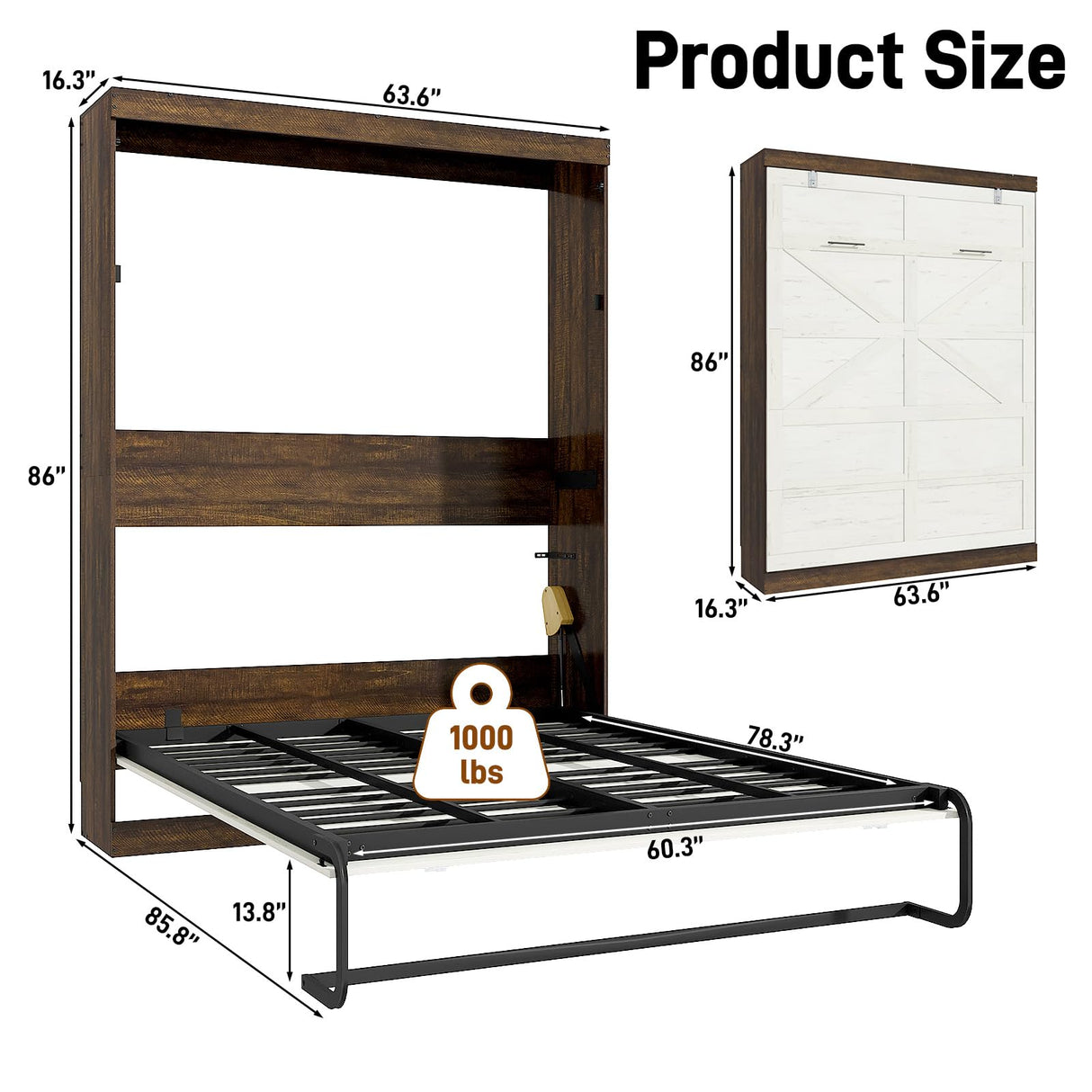 Hlivelood Queen Size Murphy Bed with 2 LED Lights, Farmhouse Wood Hidden Foldable Wall Bed Frame w/Gas Struts, Storage Bed Cabinet for Bedroom, Office, Space-Saving, No Box Spring Needed, Rustic White Hlivelood