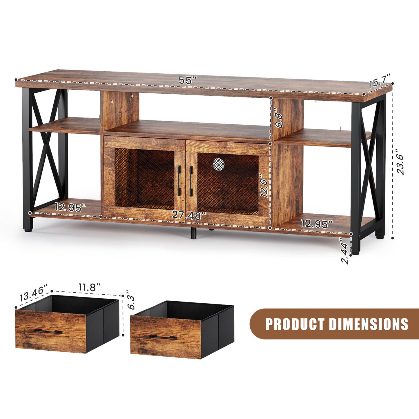 ALLSTAND TV Stand for 55 60 65 Inch TV, Entertainment Center with Fabric Drawers & Storage Cabinets, Industrial Media Console Table with Soundbar Shelf for Living Room, Bedroom, 55 Inches Rustic Brown