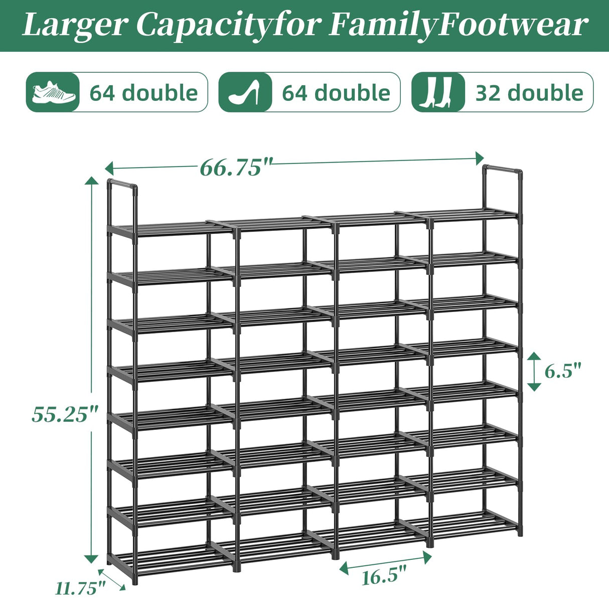 Simple Trending 8-Tier Shoe Rack Large Capacity 64 Pairs Tall Shoe Shelf, Sturdy Metal Shoe Organizer for Entryway, Closet, Bedroom, Black Simple Trending