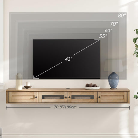 WAMPAT Floating TV Stand for TVs up to 80 Inch, Wooden Floating TV Shelf with Storage Cabinet, Modern Floating TV Shelf Entertainment Center for Living Room, Oak WAMPAT