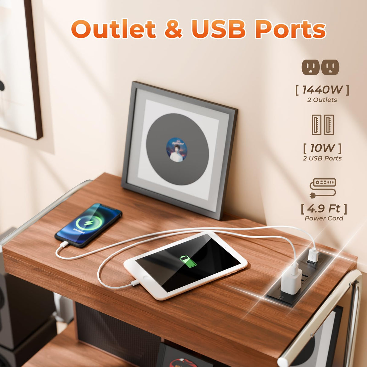 Large Record Player Stand with Sliding Door and Wheels,200 Vinyl Record Storage Cabinet, Record Player Table with Power Outlet & LED Light,Turntable Stand with Wood Legs for Living Room,Bedroom,Office Loomie