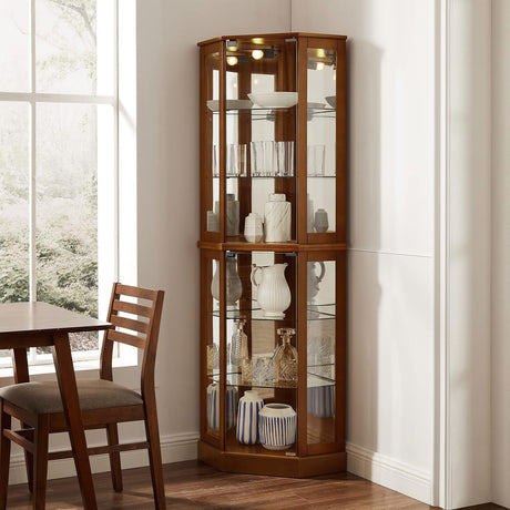 Lighted Curio Cabinet Corner Display Case for Living Room, China Hutch with Tempered Glass Doors and Shelves, Wooden Accent Cabinet, Bar and Liquor Storage Area(E26 light bulb not included) (Walnut) Majnesvon