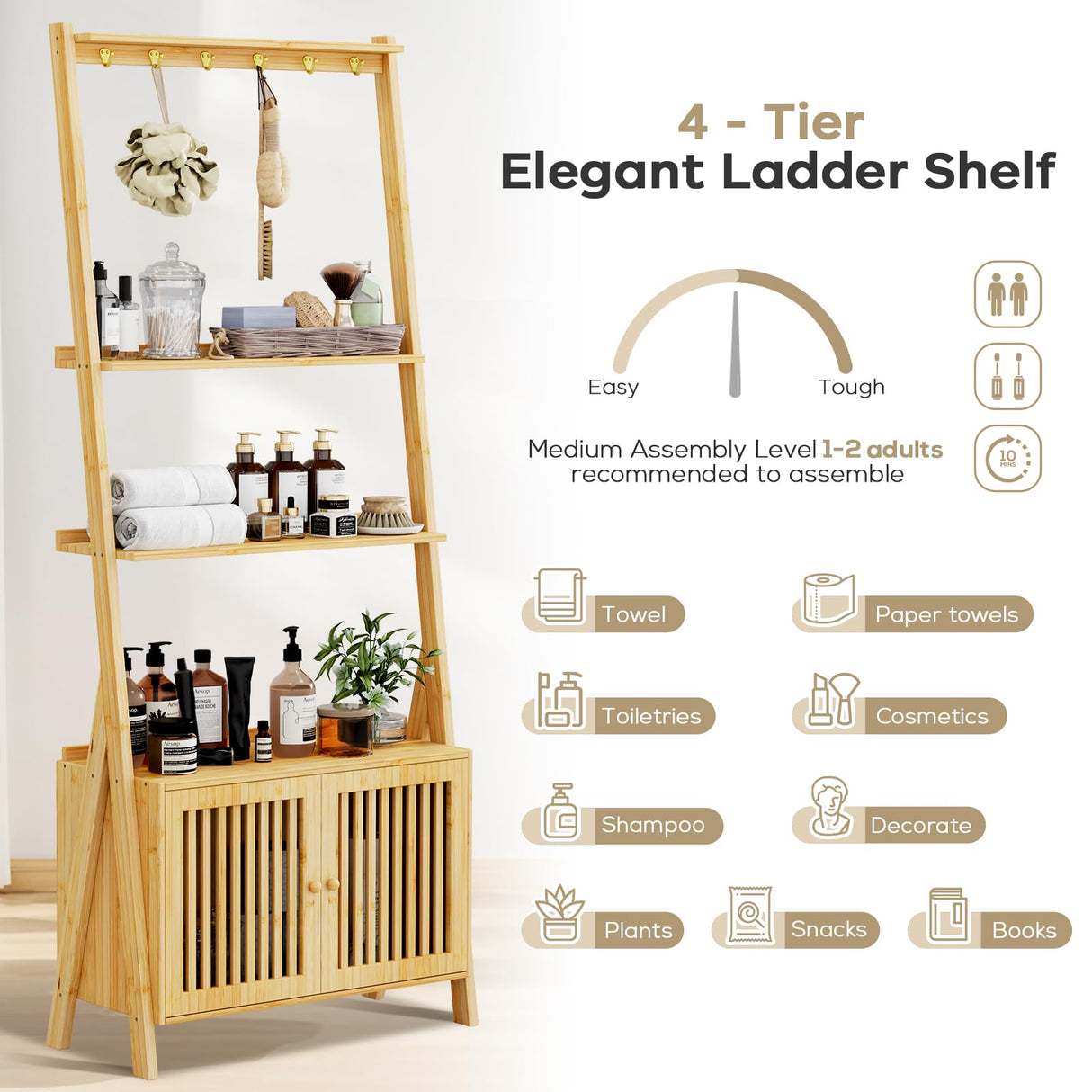 Bookcase with Drawers, 4-Tier Bamboo Bookshelf Ladder Shelf with 6 Hooks, Tall Narrow Book Shelf, 24.8"L x 10.6"W x 59.5"H, Standing Storage Organizer for Living Room, Home Office, Bedroom, Bathroom oakvivo