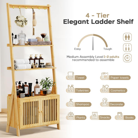 Bookcase with Drawers, 4-Tier Bamboo Bookshelf Ladder Shelf with 6 Hooks, Tall Narrow Book Shelf, 24.8"L x 10.6"W x 59.5"H, Standing Storage Organizer for Living Room, Home Office, Bedroom, Bathroom oakvivo