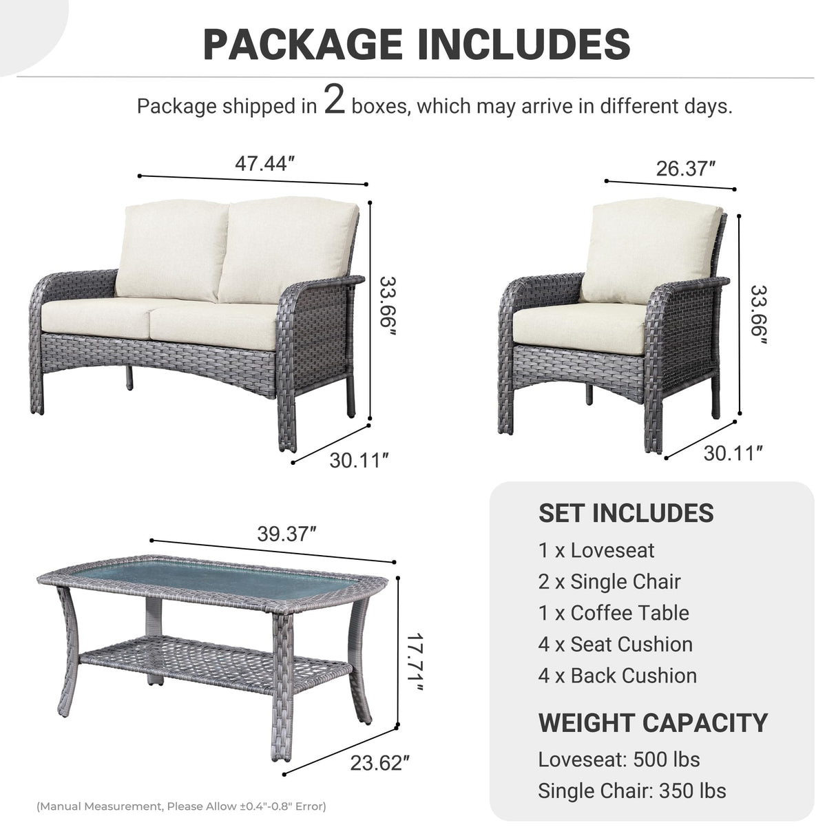 ovios 4 Pieces Patio Furniture Set, Outdoor Wicker Sofa with Coffee Table, Chairs, All Weather High Back Rattan Loveseat Couch with Comfy Cushions, Beige ovios