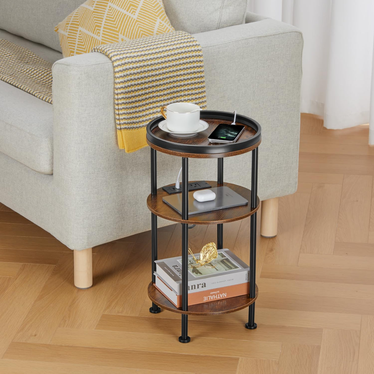 Small Round Side Table with Charging Station for Small Spaces, 3-Tier Round Accent Table with USB Ports & Power Outlets, Round Corner Table Tea Sofa Side Table for Living Room Bedroom (Rustic Brown) ZEXVIDA