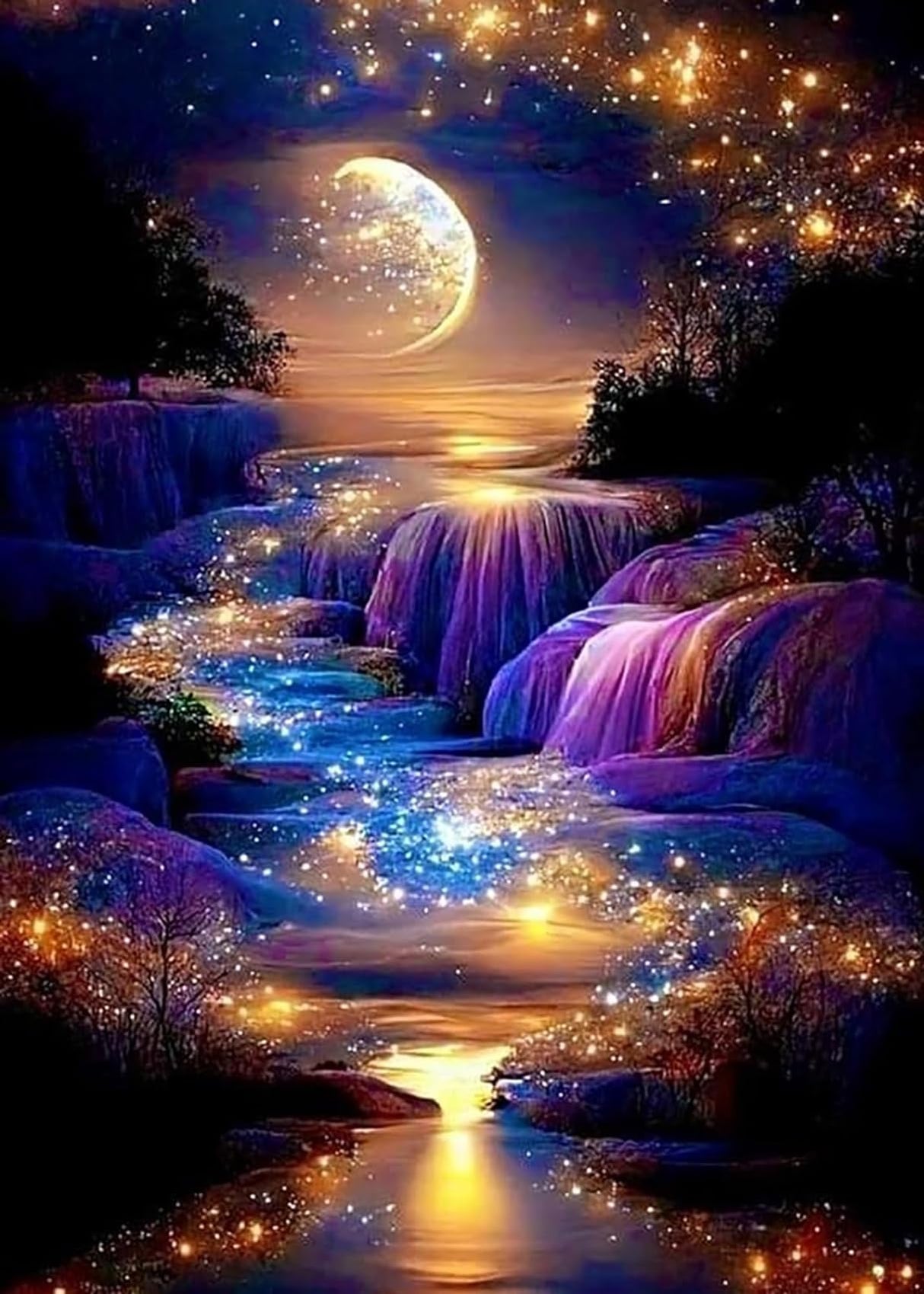 KINPLUB 5D Diamond Painting Kits for Adults, Moon Waterfall Diamond Art Kits for Beginners, DIY Full Round Drill Moonlight Landscape Paint with Diamond Dots, Home Wall Decor 12 x 16 Inch KINPLUB