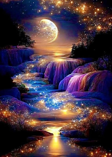 KINPLUB 5D Diamond Painting Kits for Adults, Moon Waterfall Diamond Art Kits for Beginners, DIY Full Round Drill Moonlight Landscape Paint with Diamond Dots, Home Wall Decor 12 x 16 Inch KINPLUB