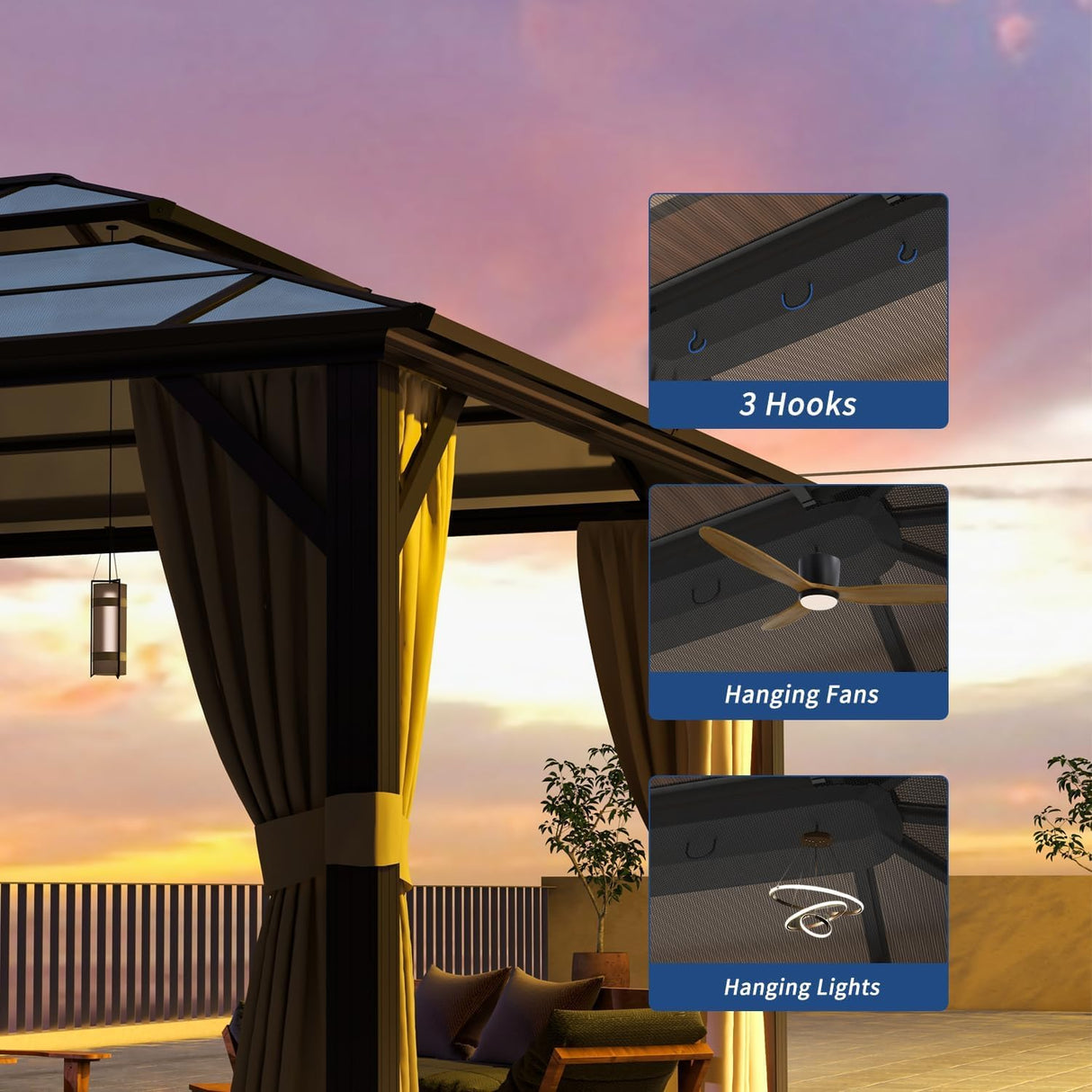 Jolydale 12'x16' Hardtop Gazebo, Outdoor Polycarbonate Double Roof Canopy, Aluminum Frame Permanent Pavilion with Curtains and Netting, Sunshade for Garden, Patio, Lawns Jolydale