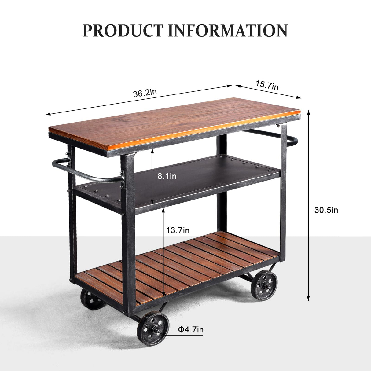 BOKKOLIK Vintage Rolling Bar Cart on Wheels Industrial Mobile Serving Cart Metal and Wood Design for Kitchen Bar Office Coffee House 36.2" Lx15.75 Wx30.5 H 3 Tier with 2 Side Handle BOKKOLIK