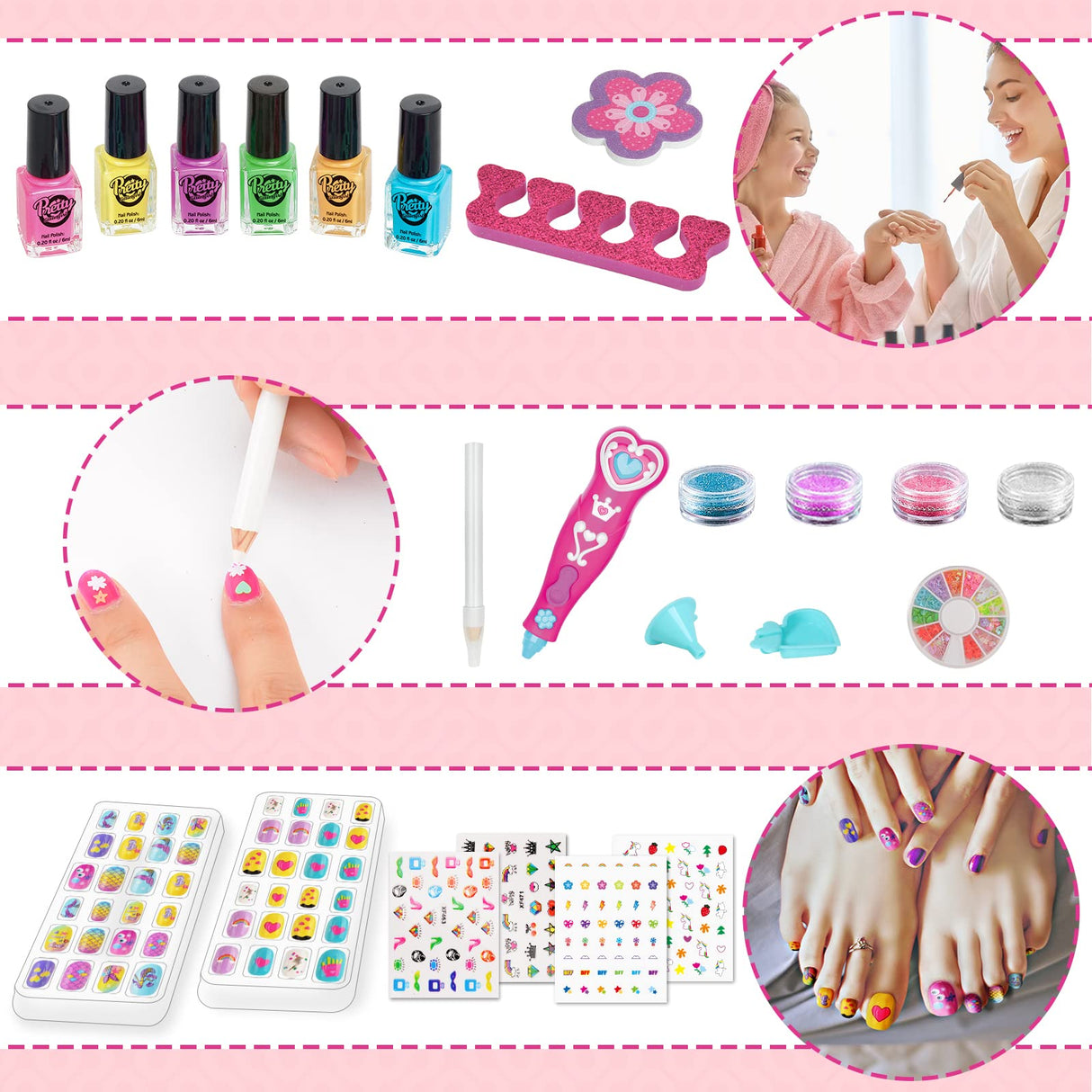 BATTOP Kids Nail Polish Set for Girls, Nail Art Kits with Nail Dryer & Glitter Pen, Quick Dry & Peel Off & Non-Toxic Nail Polish, Christmas Birthday Gifts for Girls Ages 6 7 8 9 10 11 12 BATTOP