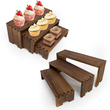 Varbonia 6-Piece Wood Display Risers Set - 2 x 3-Tier Rectangular Stands, Layered Aesthetic Shelves for Cupcakes, Jewelry, Craft Displays, Ideal for Funko Pops, Tabletop Exhibits Varbonia