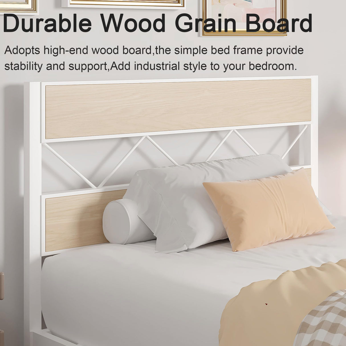 VECELO Twin Size Bed Frame with Headboard, Heavy-Duty Platform Bedframe with Metal Slats Support, No Box Spring Needed, Easy Assembly, White & Natural VECELO