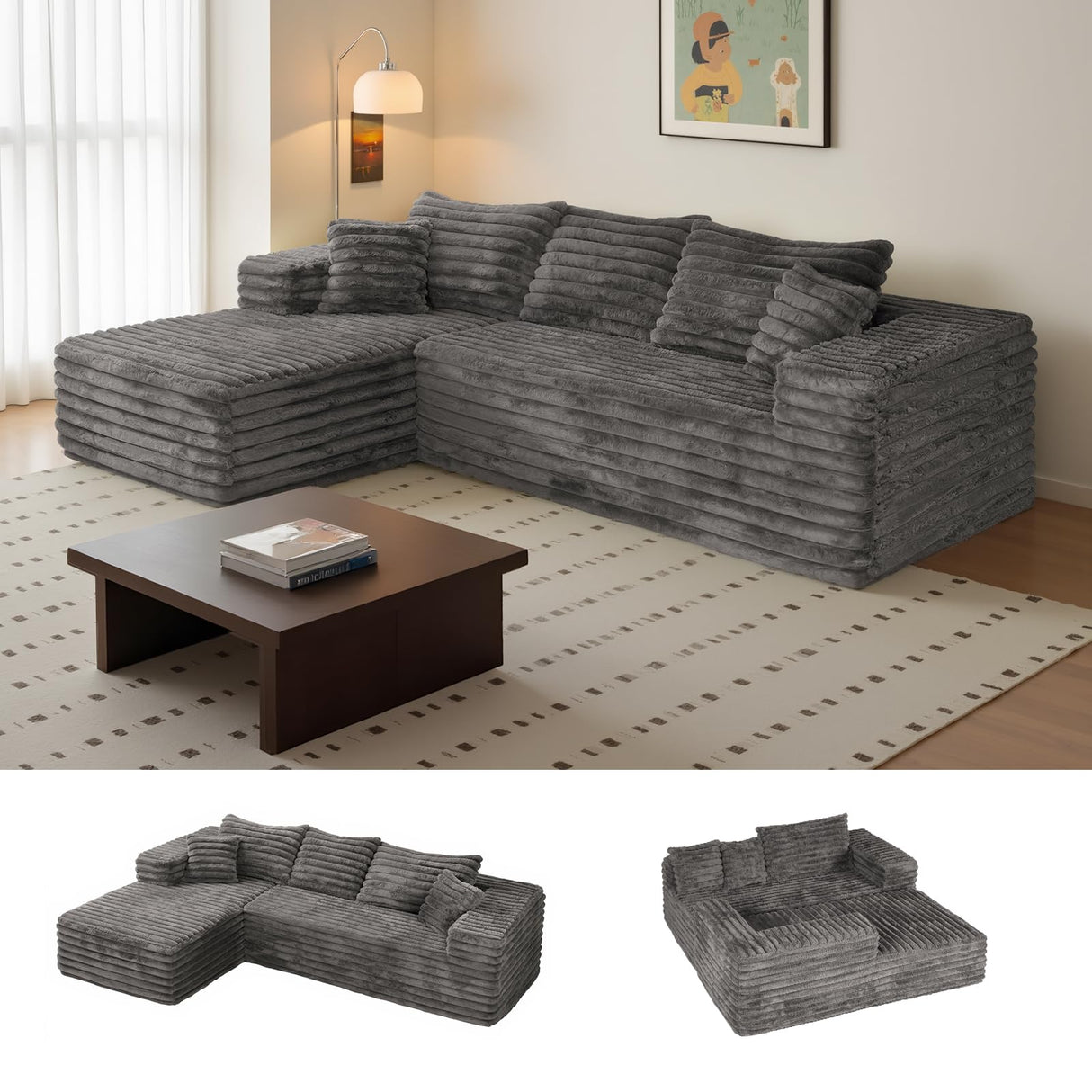 Grey Cloud Sectional Couch with L-Shape Chaise,Modern Modular Sofa with Deep Seat, Upholstered Couches with Left Facing Chaise for Living Room Bedroom, No Assembly Required, Plush Corduroy SIMTONAL