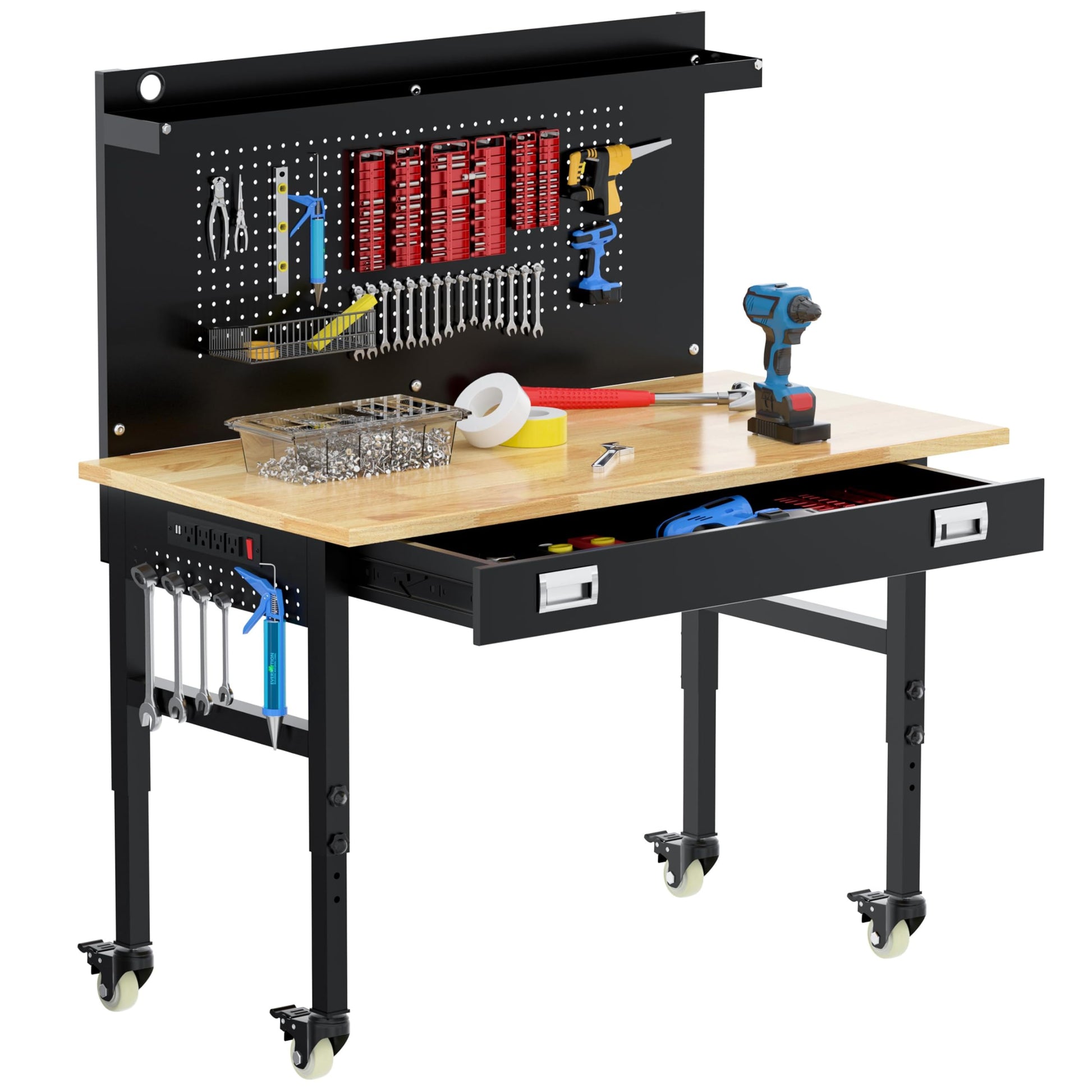 Betterhood 48" Heavy Duty Adjustable Workbench with Large Pegboard, Adjustable Work Table with Power Outlets & Lockable Wheels, Rubber Wood Workstation for Garage, Workshop, Office, Home, Com - WoodArtSupply