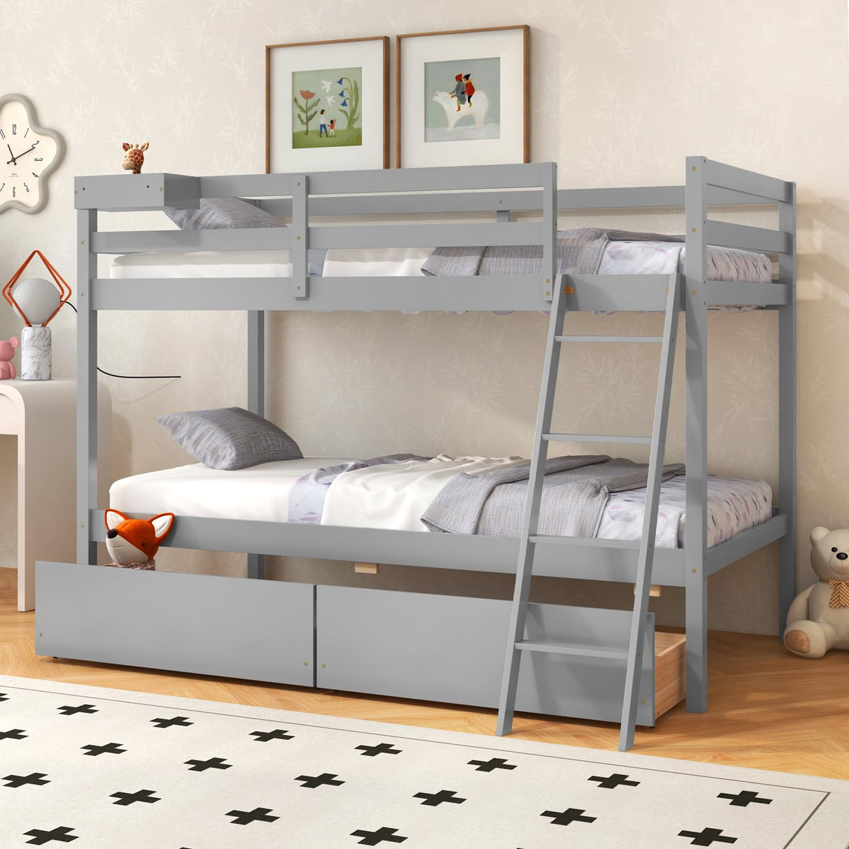 KOTEK Twin Over Twin Bunk Bed with Storage Drawers and Guardrails in Grey KOTEK