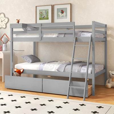 KOTEK Twin Over Twin Bunk Bed with Storage Drawers and Guardrails in Grey