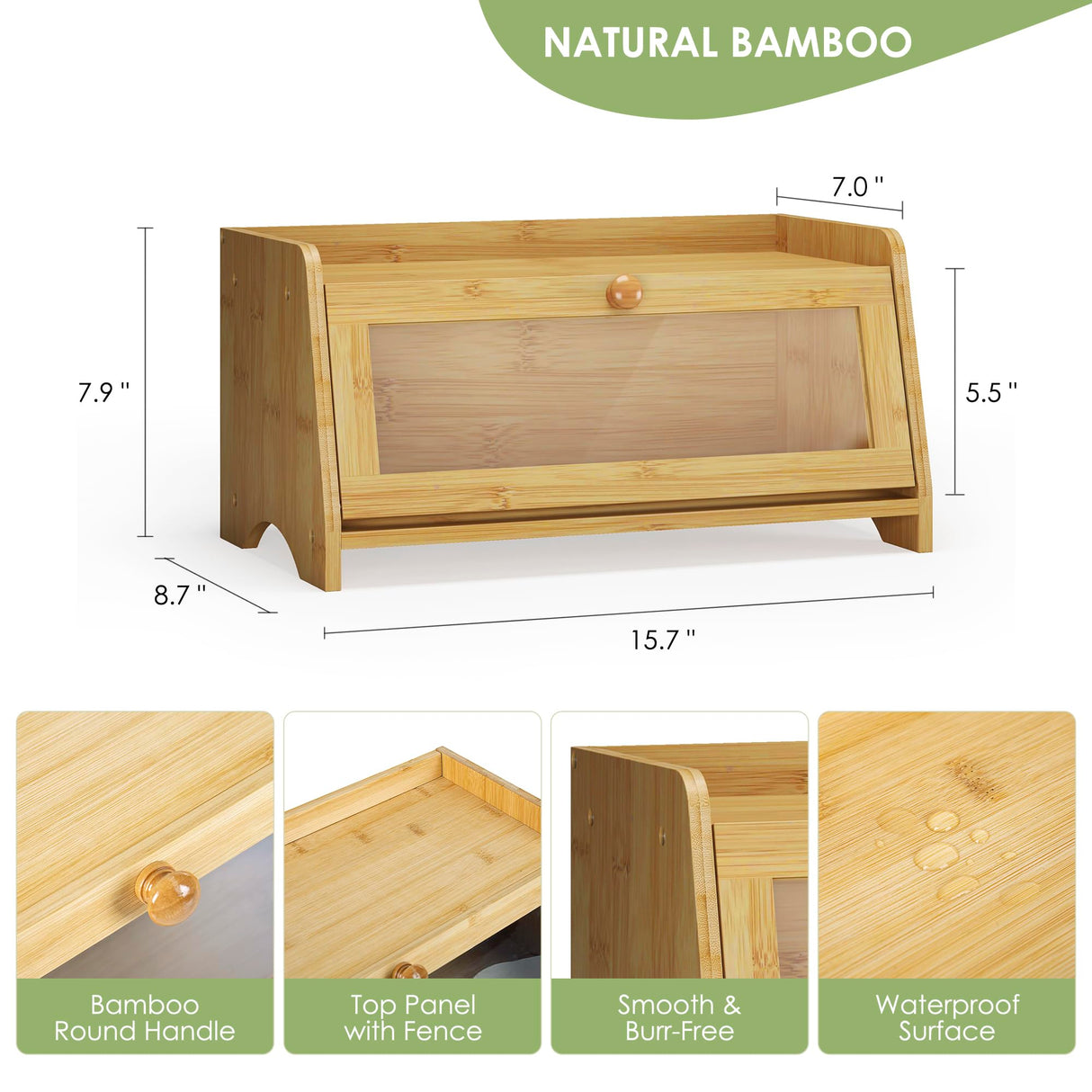 JANSNIMEN Bread Box for Kitchen Countertop, Large Bread Container Storage, Wooden Farmhouse Bread Box with Window Bread Holder (Natural Bamboo) JANSNIMEN