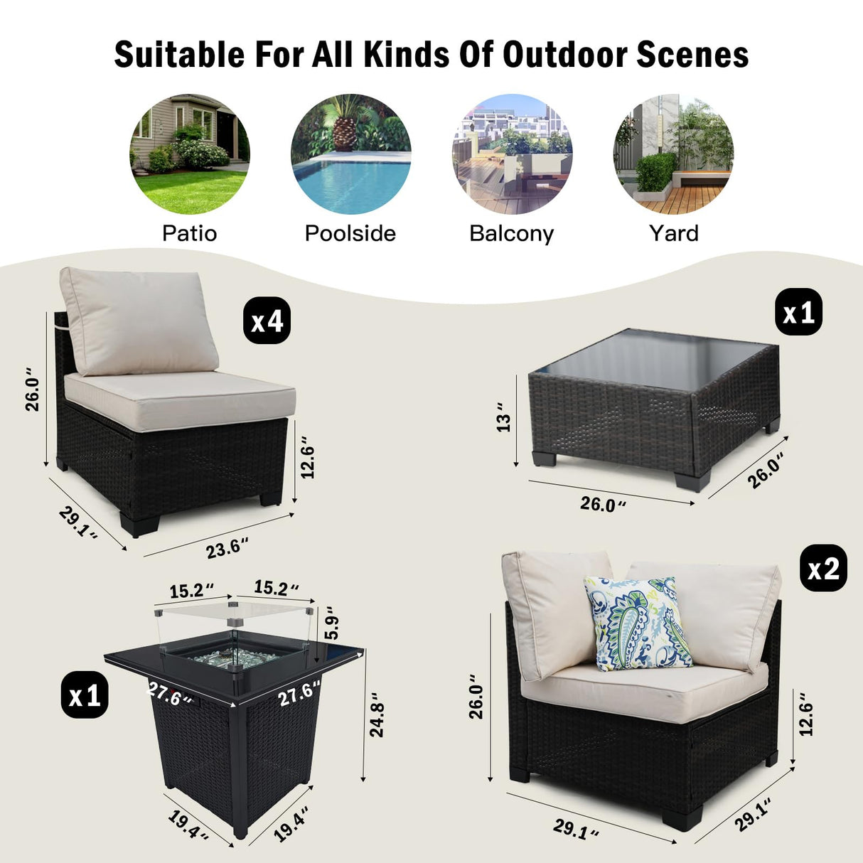 Ophelian 8-Piece Patio Furniture Rattan Wicker Outdoor Set Sectional Sofa with 28" Gas Fire Pit Table and Cushions, Conversation Set for Backyard, Patio, Garden, Brown/Beige Ophelian