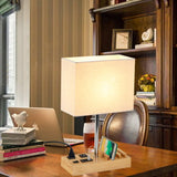 Dreamholder Desk Lamp with 3 USB Charging Ports, Table Lamp with 2AC Outlets and 3 Phone Stands, Nightstand Bedside Lamp with Natural Wooden Base and Cream Linen Shade Dreamholder