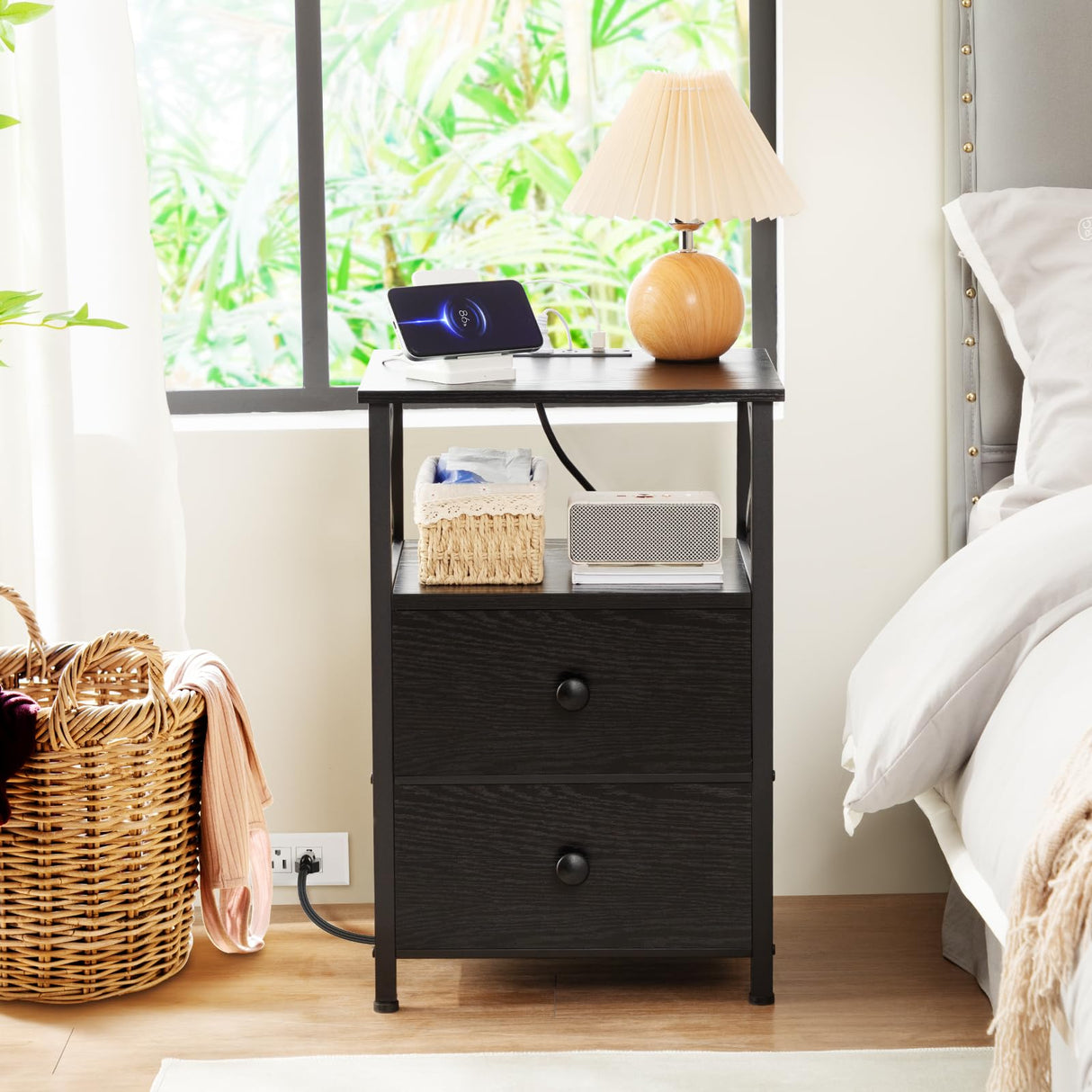 AMHANCIBLE Night Stand Set 2, Black Nightstand with Charging Station, End Tables Living Room with USB Ports and Outlets, Bedside Table with Fabric Drawers for Bedroom, HET05XBK AMHANCIBLE