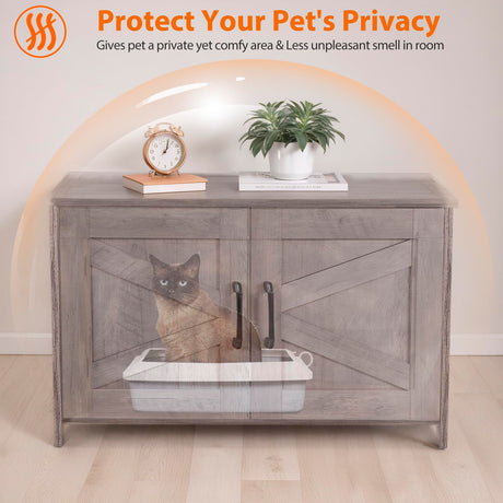 ZENY Cat Litter Box Enclosure, Litter Box Furniture Hidden, Wooden Litter Cabinet with Divider, Farmhouse Style Cat Washroom Storage Bench，Fit Most of Litter Box, Greige ZENY