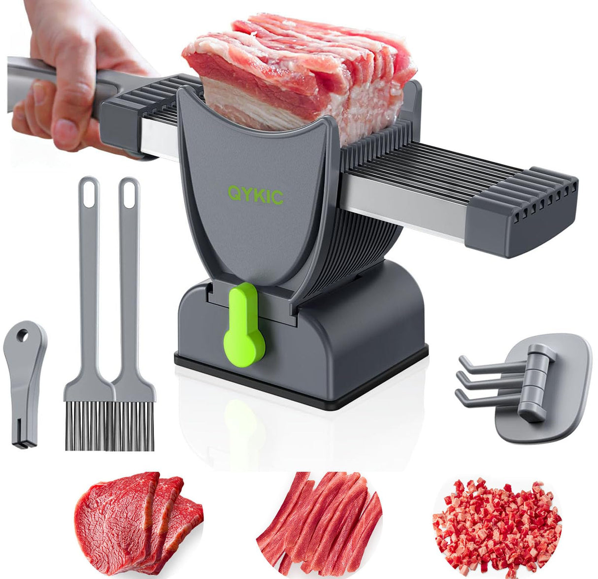 Fresh Meat Slicer, Thickness Adjustable, Stainless Steel Kitchen Cleaver Knife Set With Block, Manual Fresh Meat Cutter Jerky Slicer For Beef Pork, Cooking BBQ Hot Pot (Gray) QYKIC